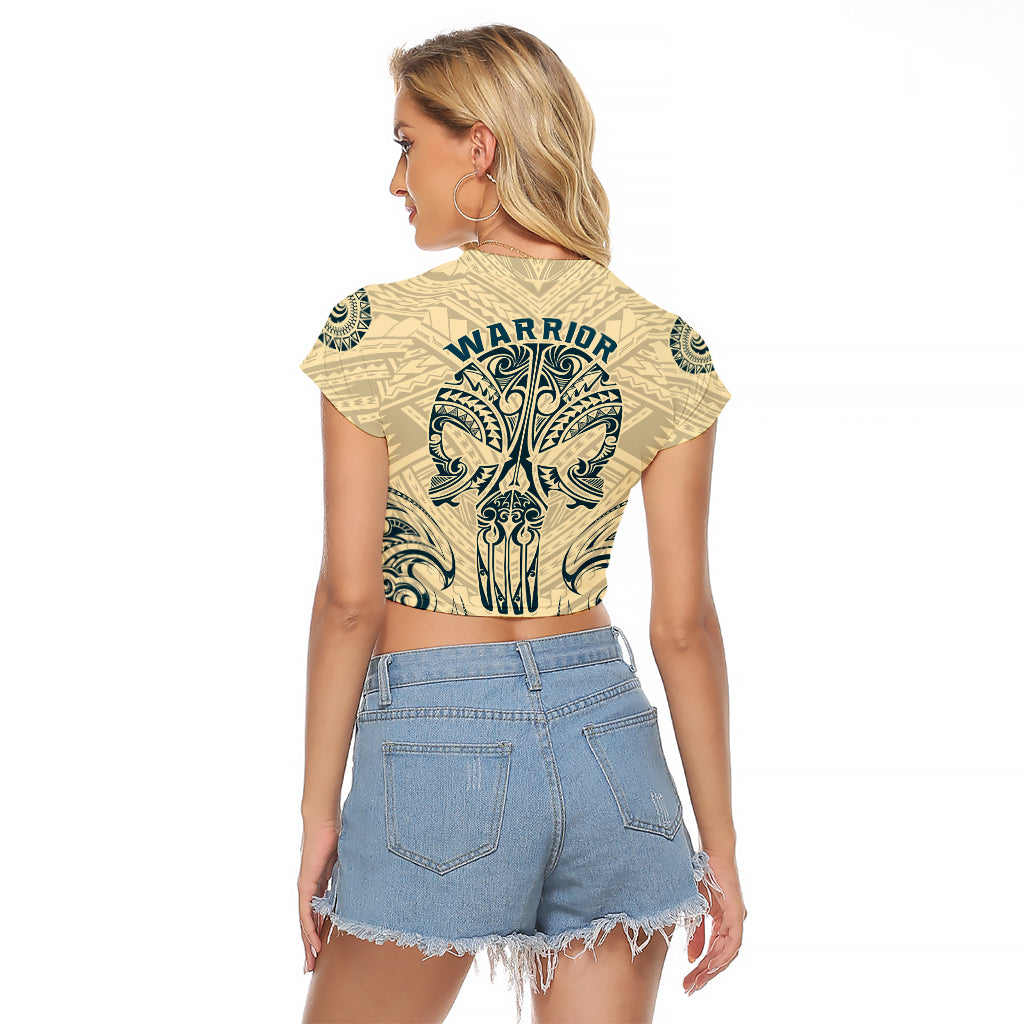 Polynesian Raglan Cropped T Shirt Warrior Skull with Tribal Patterns Tattoo Design - Wonder Print Shop