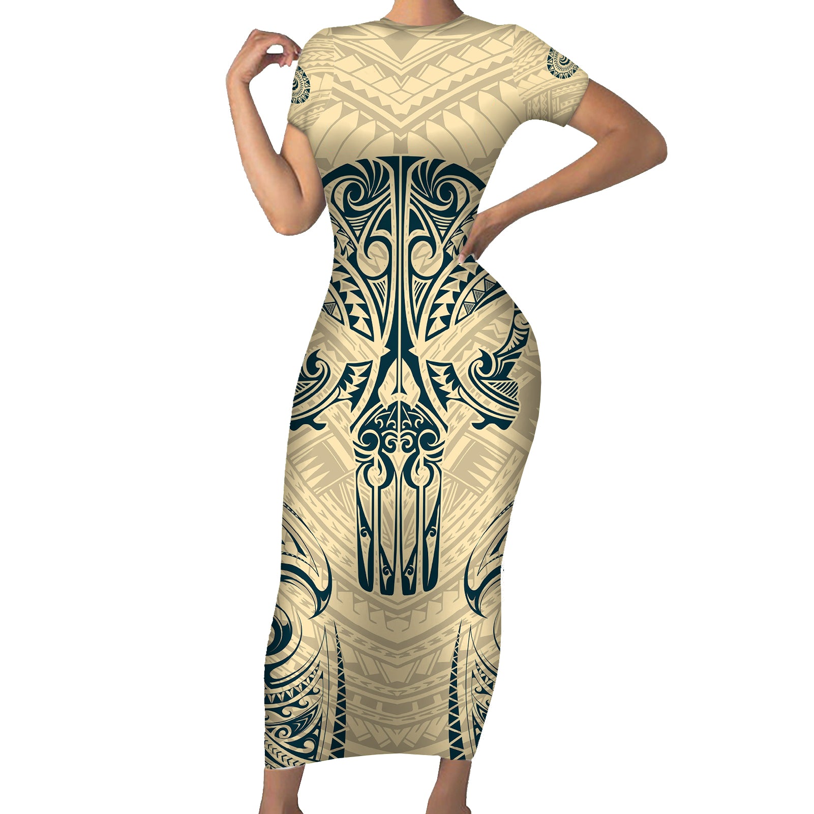 Polynesian Short Sleeve Bodycon Dress Warrior Skull with Tribal Patterns Tattoo Design - Wonder Print Shop