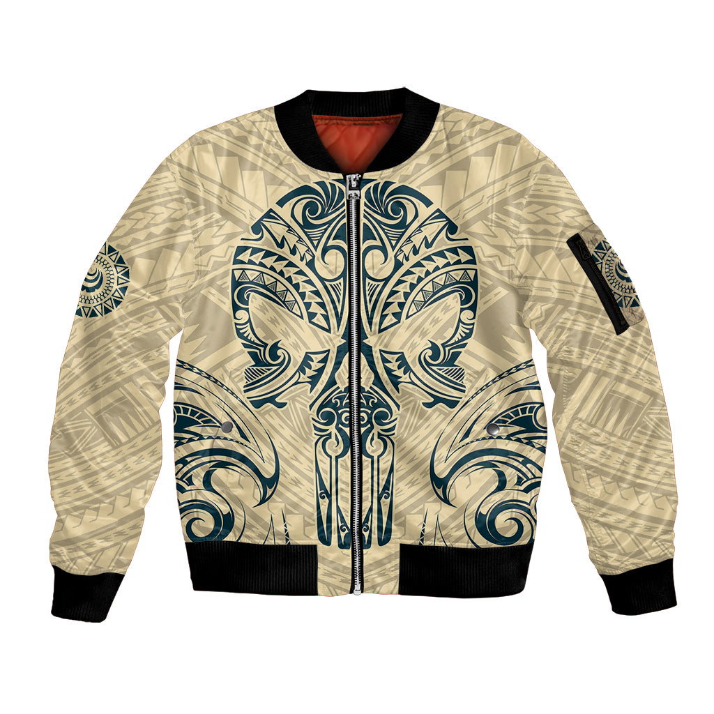 Polynesian Sleeve Zip Bomber Jacket Warrior Skull with Tribal Patterns Tattoo Design - Wonder Print Shop