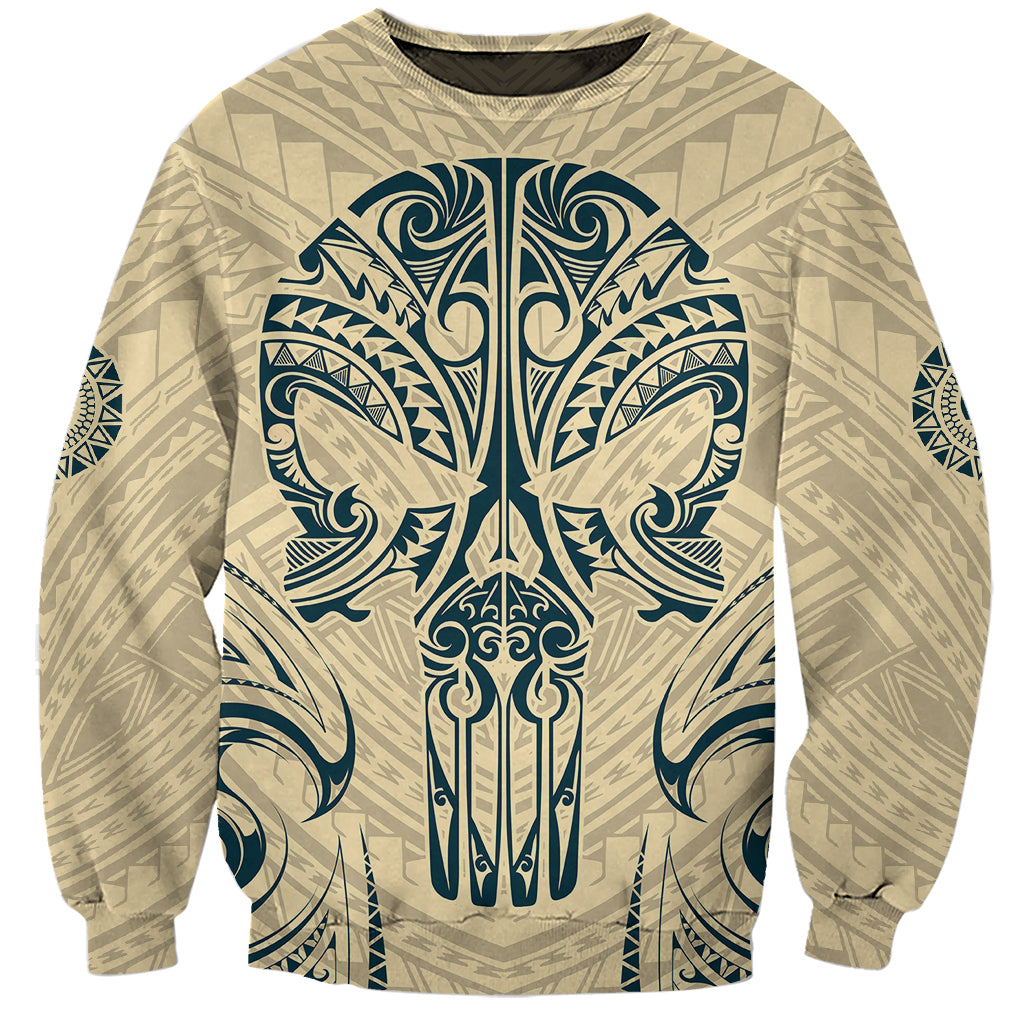 Polynesian Sweatshirt Warrior Skull with Tribal Patterns Tattoo Design - Wonder Print Shop