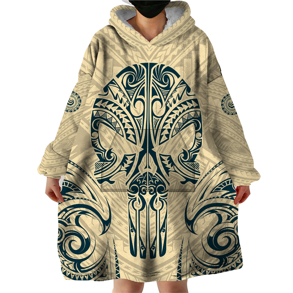 Polynesian Wearable Blanket Hoodie Warrior Skull with Tribal Patterns Tattoo Design - Wonder Print Shop