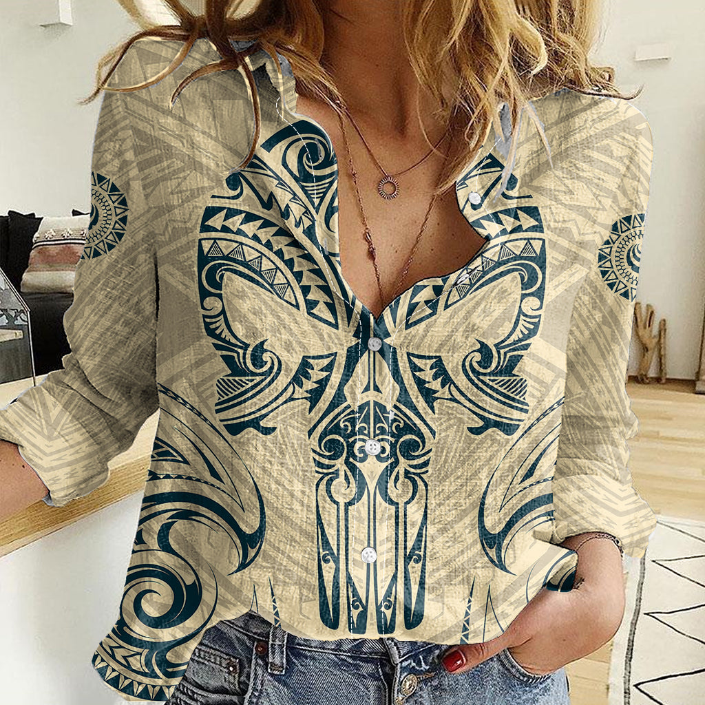 Polynesian Women Casual Shirt Warrior Skull with Tribal Patterns Tattoo Design - Wonder Print Shop