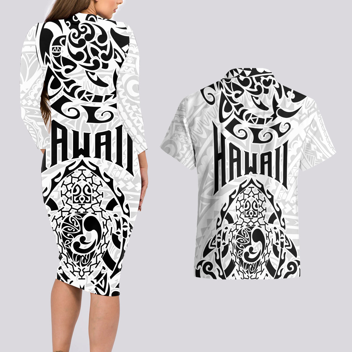 Hawaii Couples Matching Long Sleeve Bodycon Dress and Hawaiian Shirt with Polynesian Turtle - Wonder Print Shop