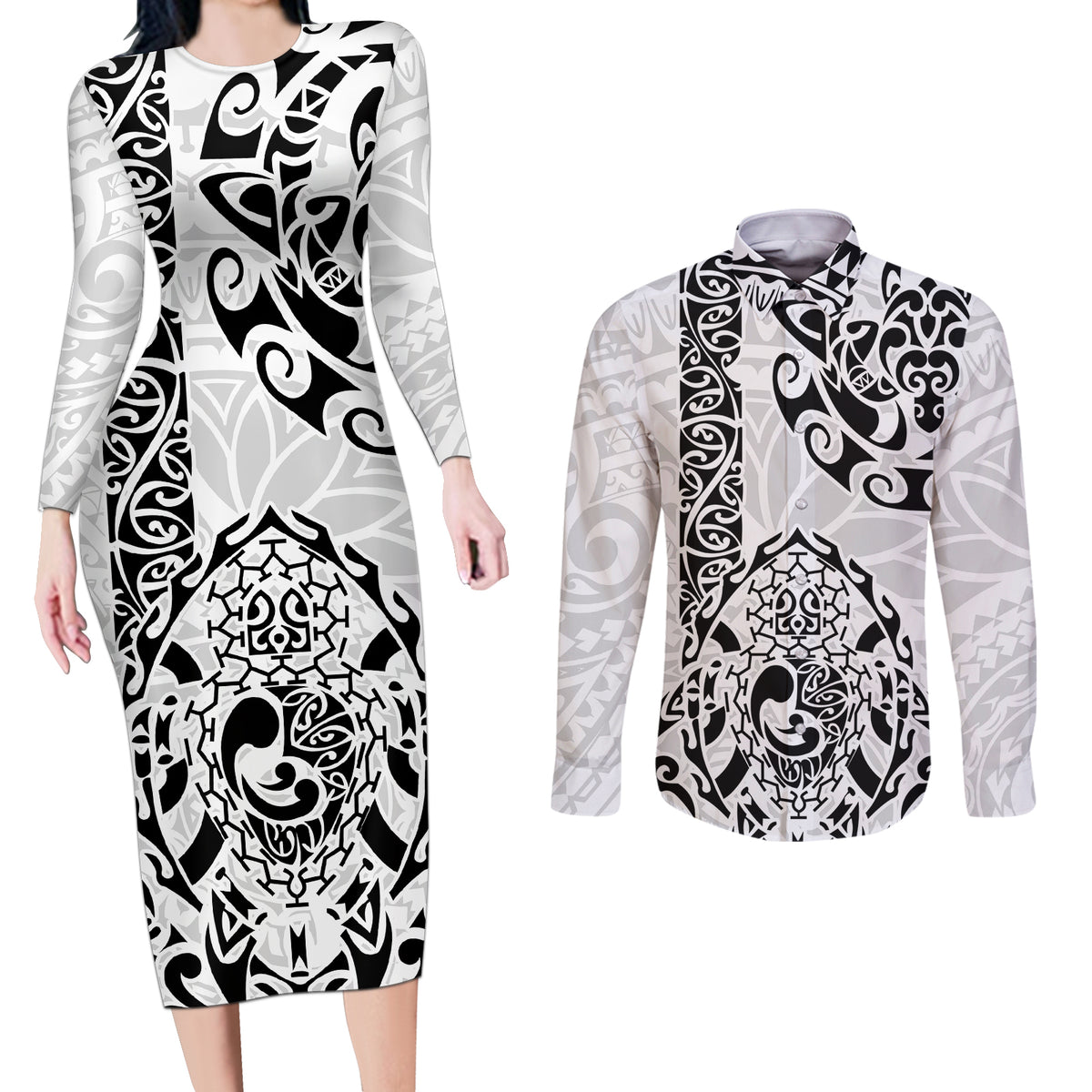 Hawaii Couples Matching Long Sleeve Bodycon Dress and Long Sleeve Button Shirts with Polynesian Turtle - Wonder Print Shop