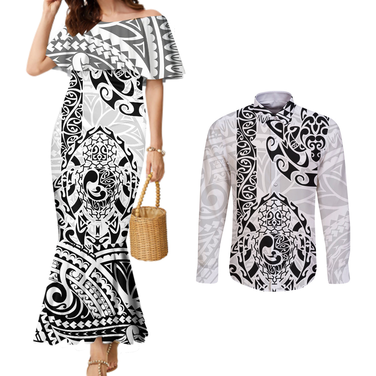 hawaii-couples-matching-mermaid-dress-and-long-sleeve-button-shirts-with-polynesian-turtle