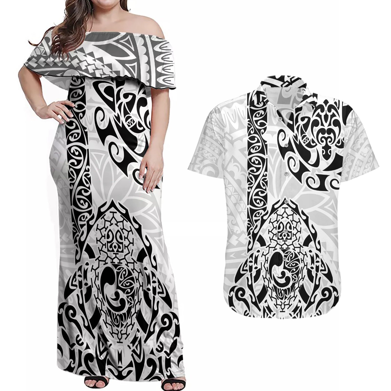 Hawaii Couples Matching Off Shoulder Maxi Dress and Hawaiian Shirt with Polynesian Turtle - Wonder Print Shop