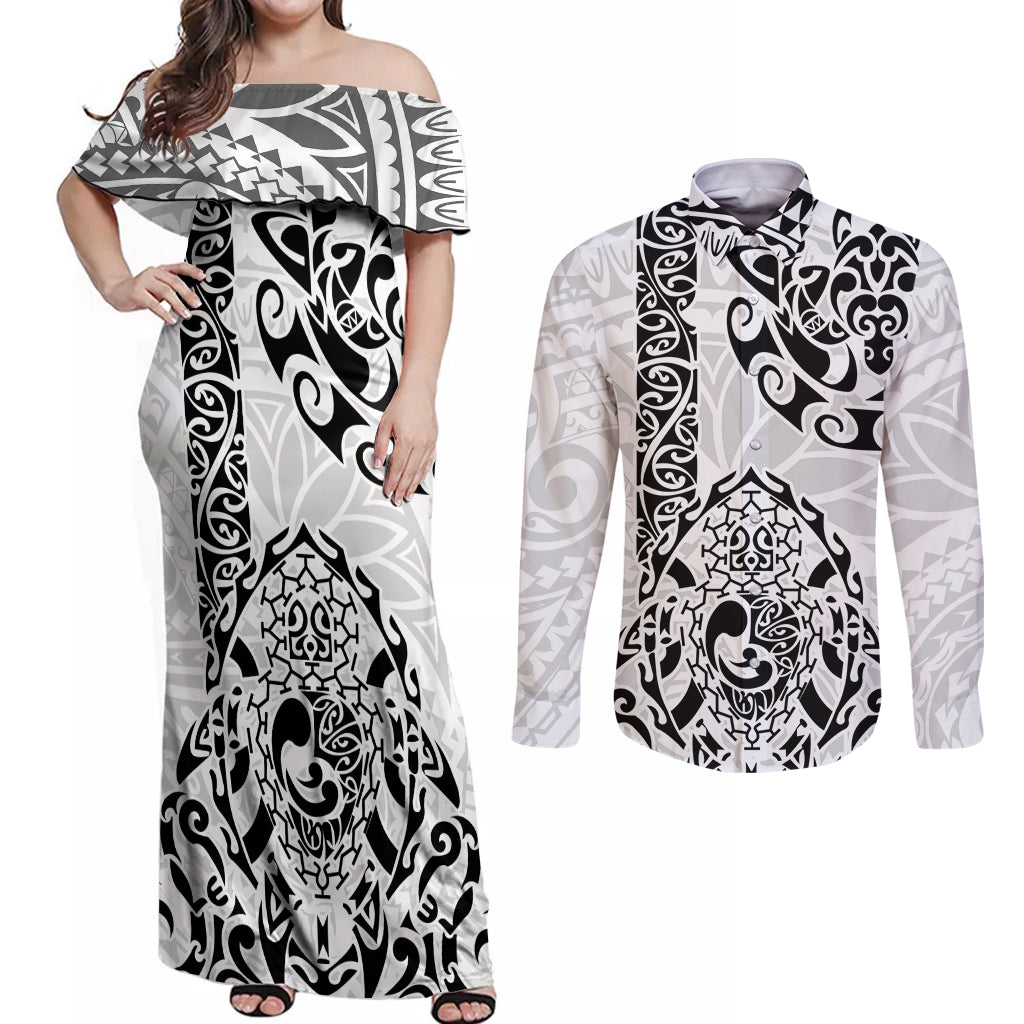 Hawaii Couples Matching Off Shoulder Maxi Dress and Long Sleeve Button Shirts with Polynesian Turtle - Wonder Print Shop
