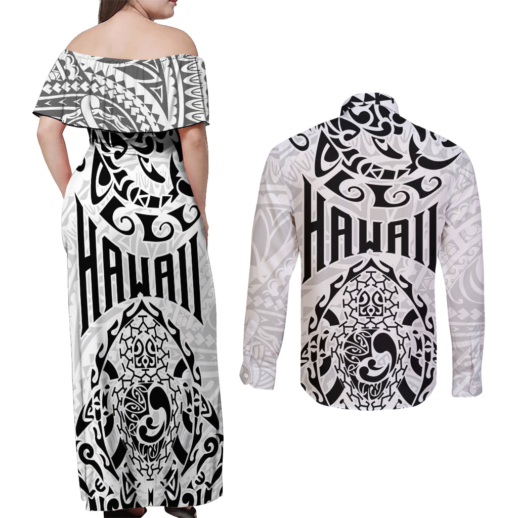 Hawaii Couples Matching Off Shoulder Maxi Dress and Long Sleeve Button Shirts with Polynesian Turtle - Wonder Print Shop
