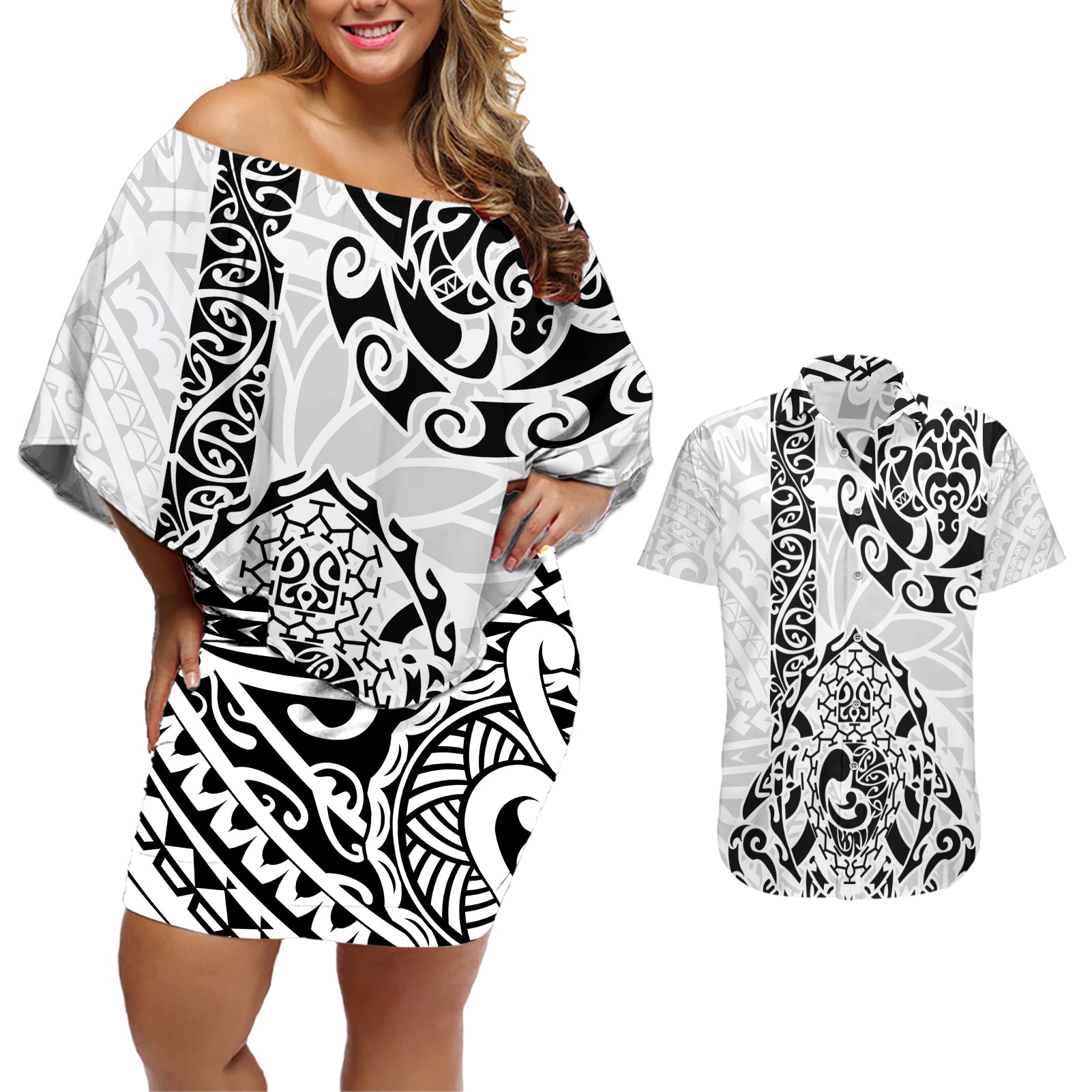 Hawaii Couples Matching Off Shoulder Short Dress and Hawaiian Shirt with Polynesian Turtle - Wonder Print Shop