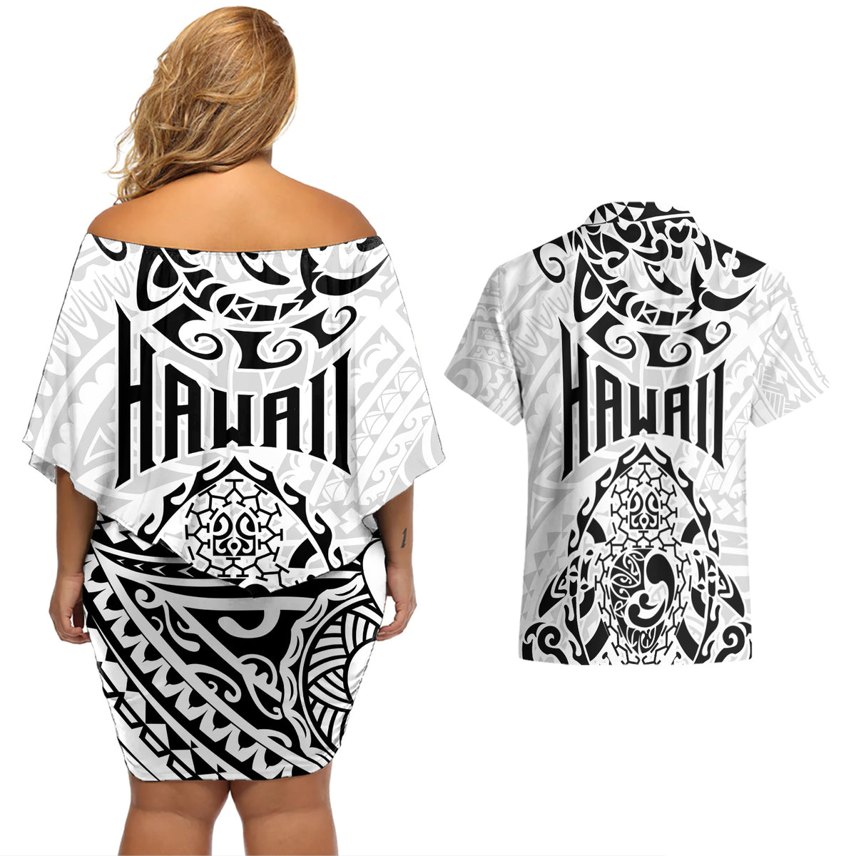 Hawaii Couples Matching Off Shoulder Short Dress and Hawaiian Shirt with Polynesian Turtle - Wonder Print Shop