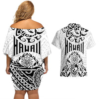 Hawaii Couples Matching Off Shoulder Short Dress and Hawaiian Shirt with Polynesian Turtle - Wonder Print Shop