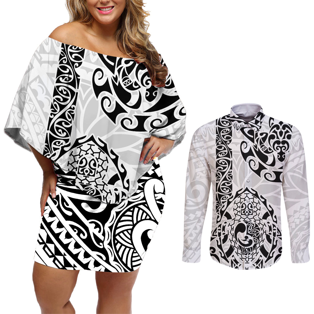 Hawaii Couples Matching Off Shoulder Short Dress and Long Sleeve Button Shirts with Polynesian Turtle - Wonder Print Shop