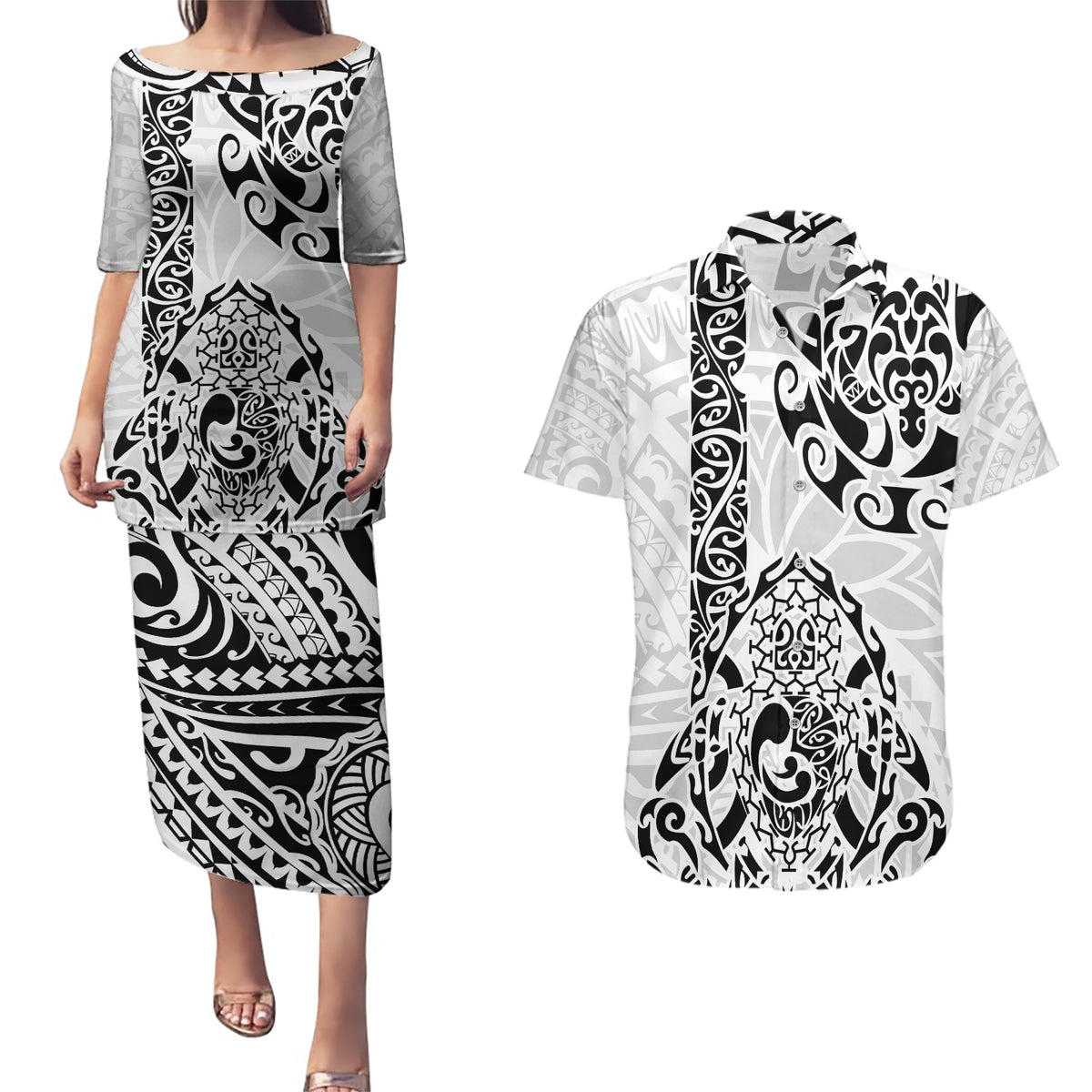 Hawaii Couples Matching Puletasi Dress and Hawaiian Shirt with Polynesian Turtle - Wonder Print Shop
