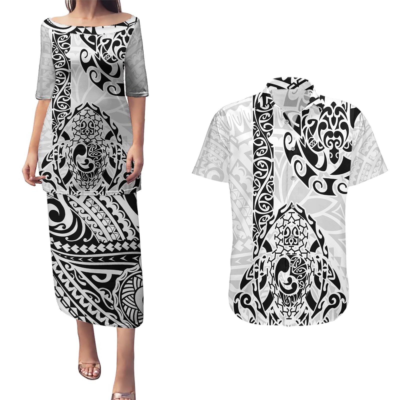 Hawaii Couples Matching Puletasi Dress and Hawaiian Shirt with Polynesian Turtle - Wonder Print Shop