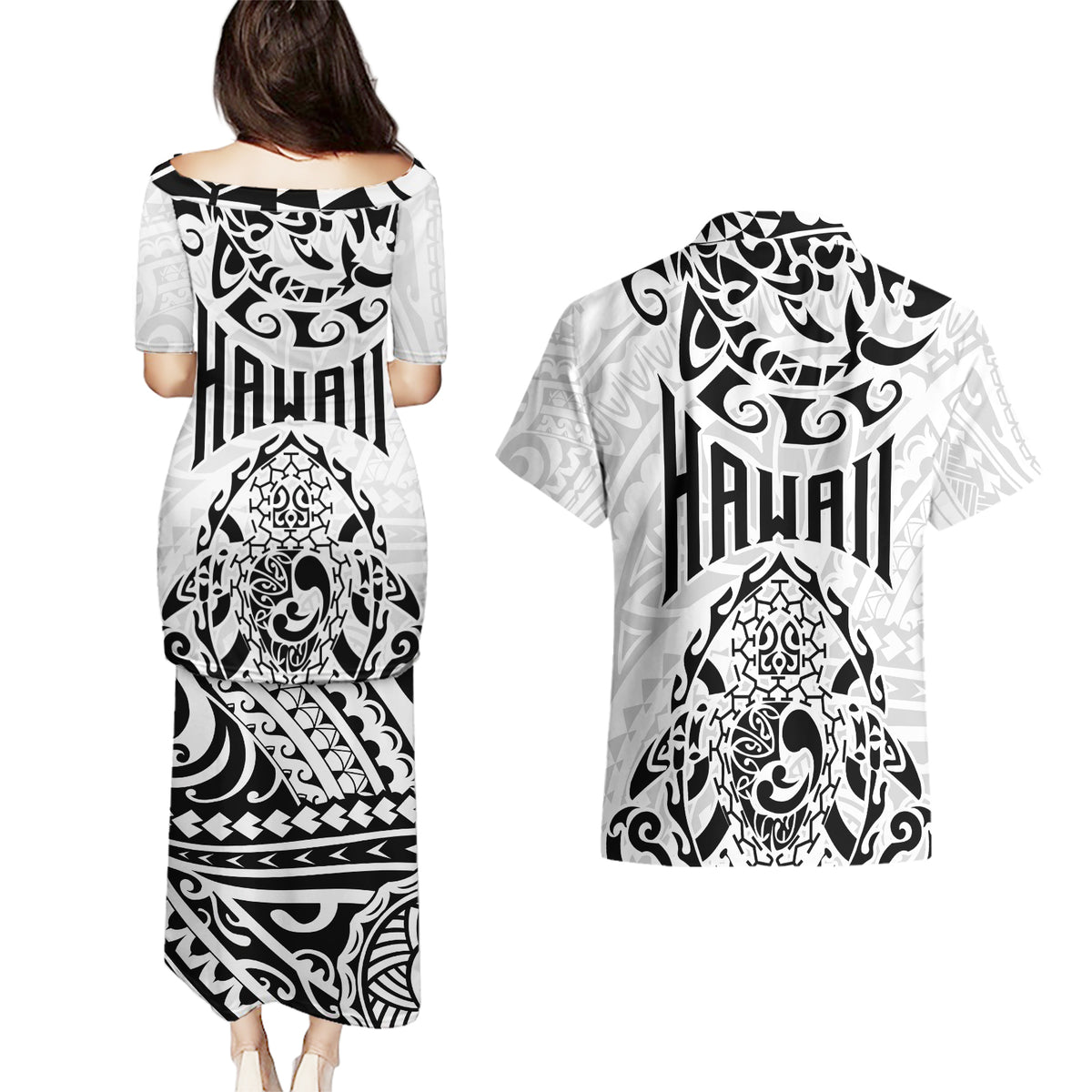 Hawaii Couples Matching Puletasi Dress and Hawaiian Shirt with Polynesian Turtle - Wonder Print Shop