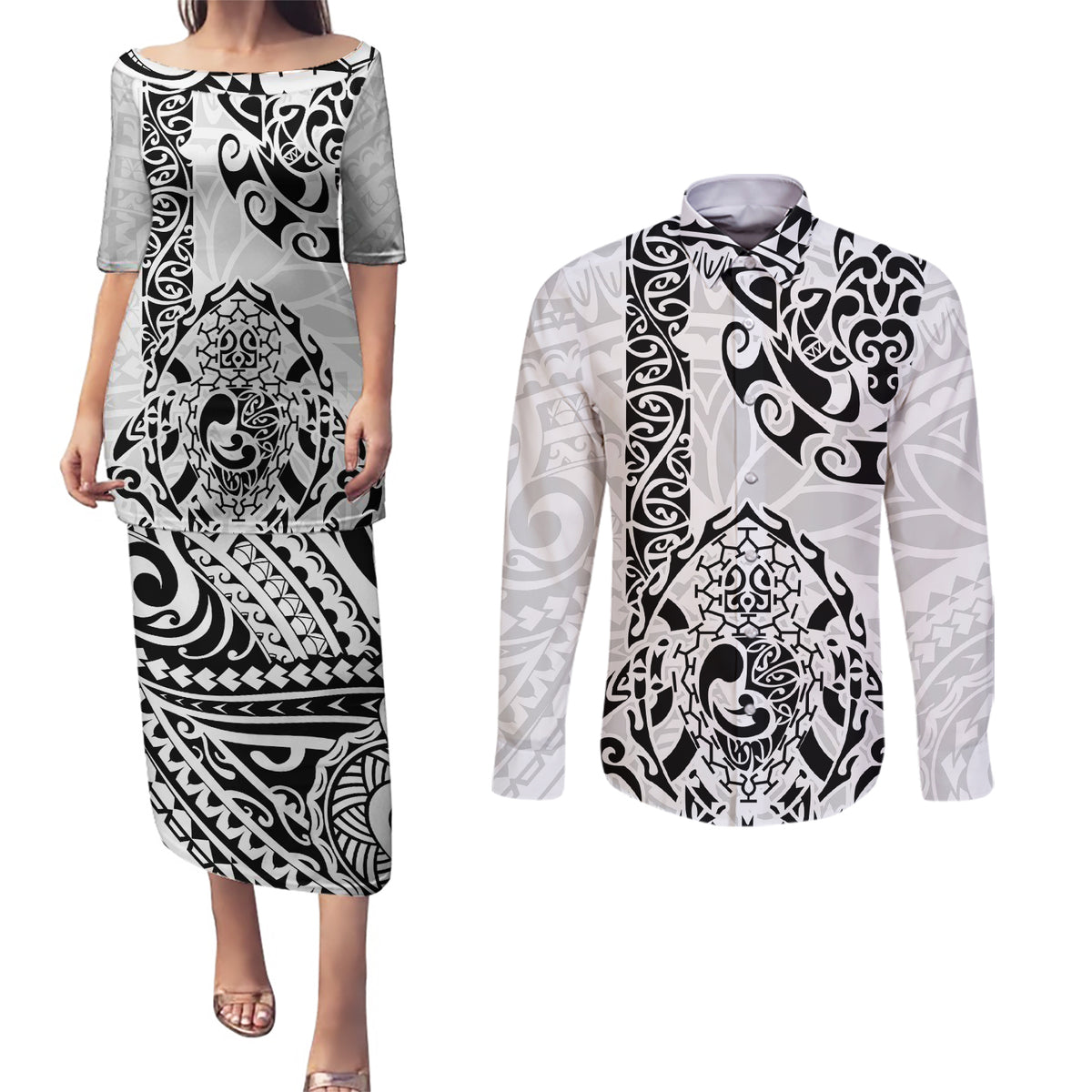 Hawaii Couples Matching Puletasi Dress and Long Sleeve Button Shirts with Polynesian Turtle - Wonder Print Shop