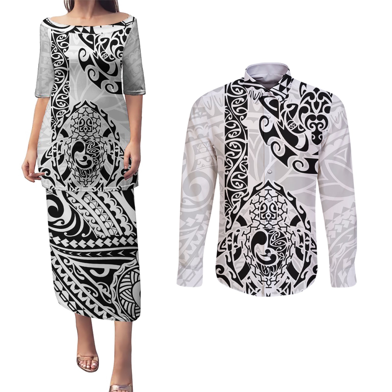 Hawaii Couples Matching Puletasi Dress and Long Sleeve Button Shirts with Polynesian Turtle - Wonder Print Shop
