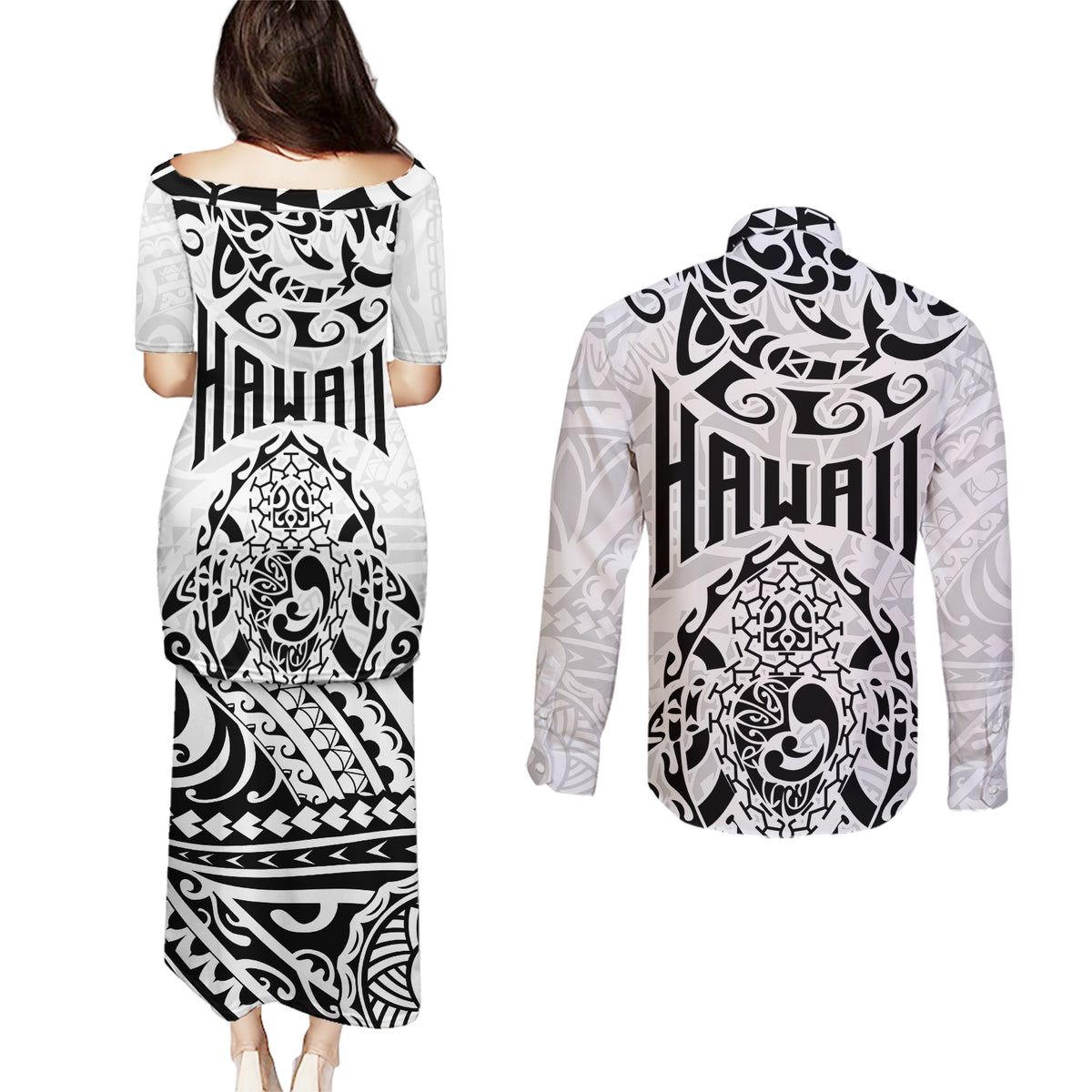 Hawaii Couples Matching Puletasi Dress and Long Sleeve Button Shirts with Polynesian Turtle - Wonder Print Shop
