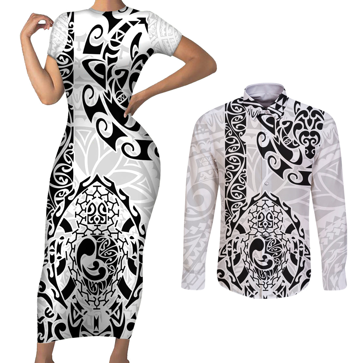 Hawaii Couples Matching Short Sleeve Bodycon Dress and Long Sleeve Button Shirts with Polynesian Turtle - Wonder Print Shop