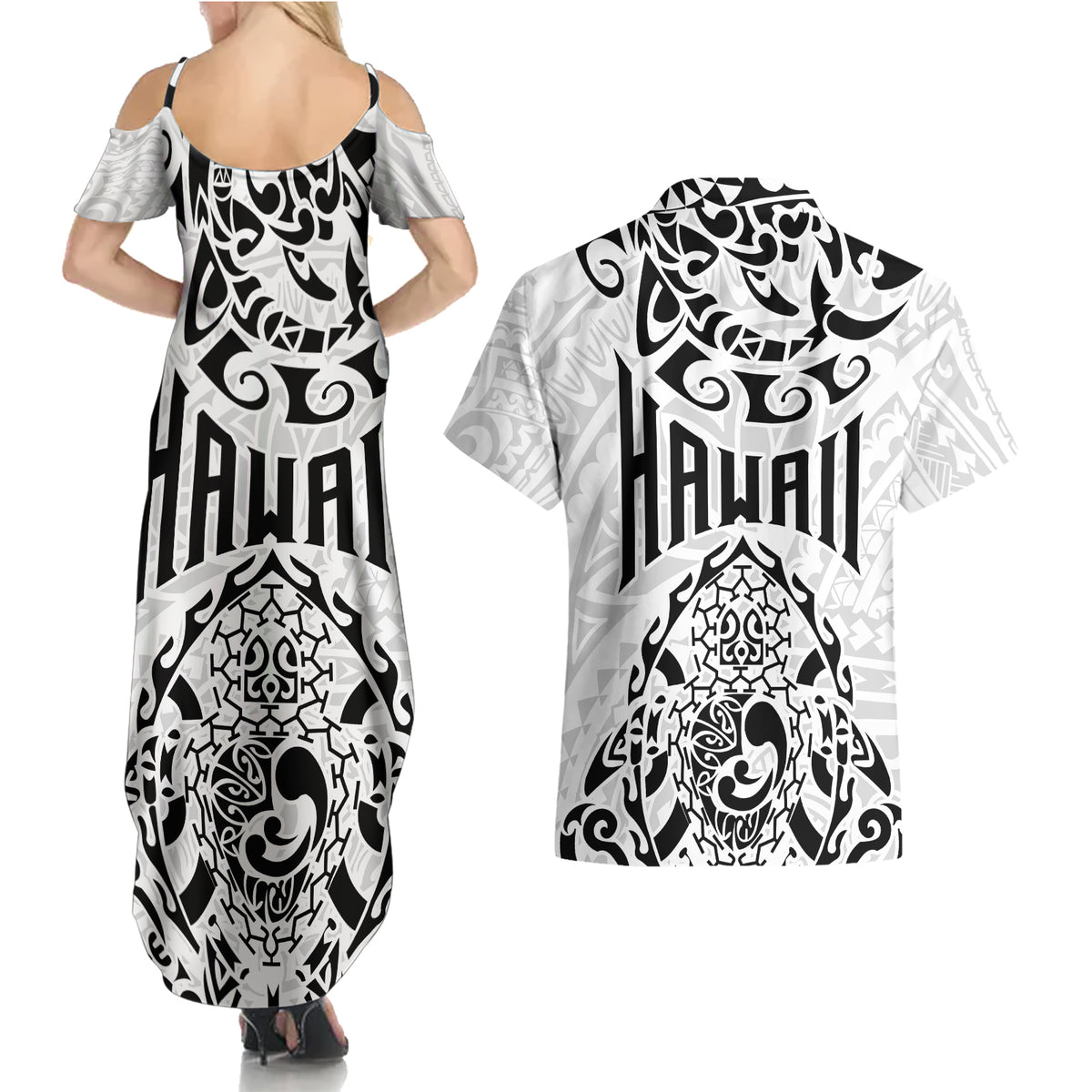 Hawaii Couples Matching Summer Maxi Dress and Hawaiian Shirt with Polynesian Turtle - Wonder Print Shop