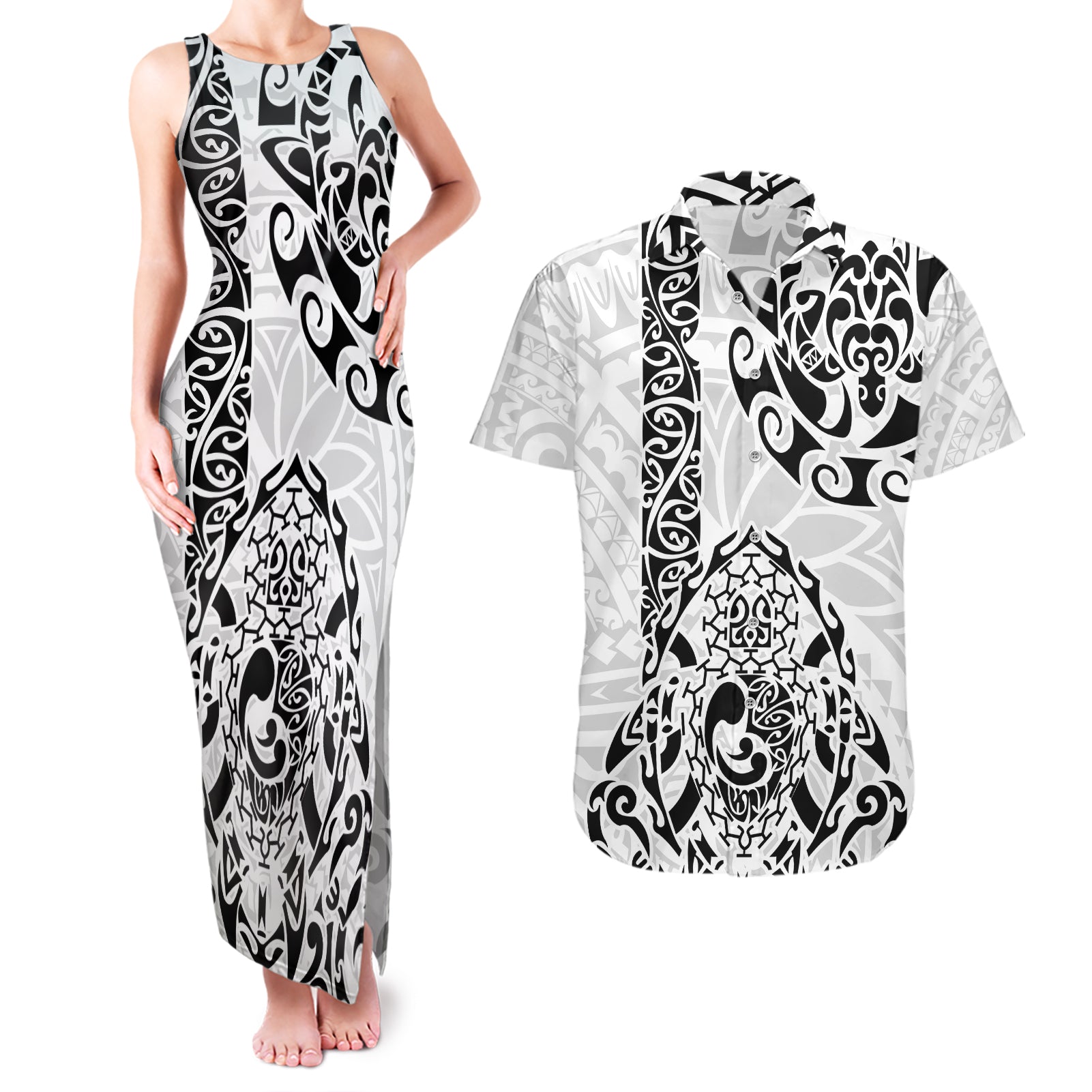 Hawaii Couples Matching Tank Maxi Dress and Hawaiian Shirt with Polynesian Turtle - Wonder Print Shop