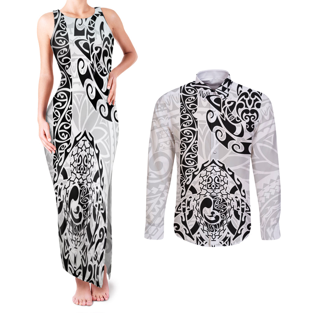 Hawaii Couples Matching Tank Maxi Dress and Long Sleeve Button Shirts with Polynesian Turtle - Wonder Print Shop