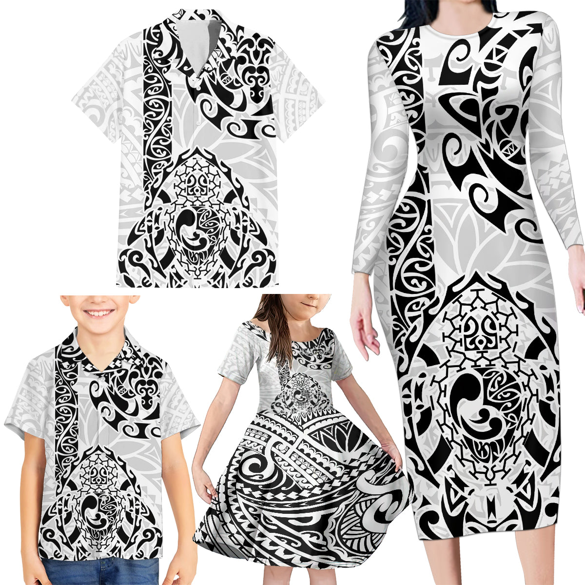 Hawaii Family Matching Long Sleeve Bodycon Dress and Hawaiian Shirt with Polynesian Turtle - Wonder Print Shop