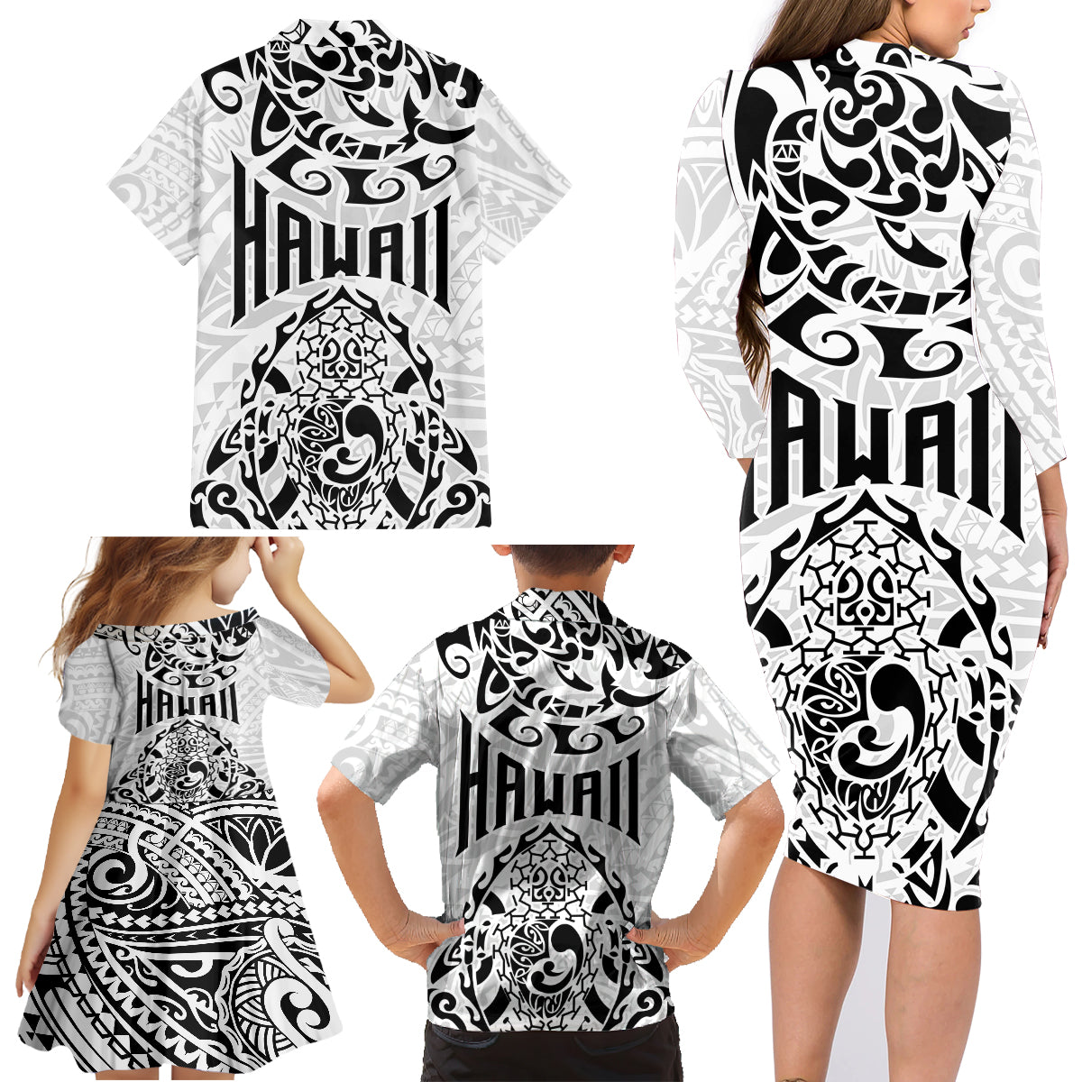 Hawaii Family Matching Long Sleeve Bodycon Dress and Hawaiian Shirt with Polynesian Turtle - Wonder Print Shop