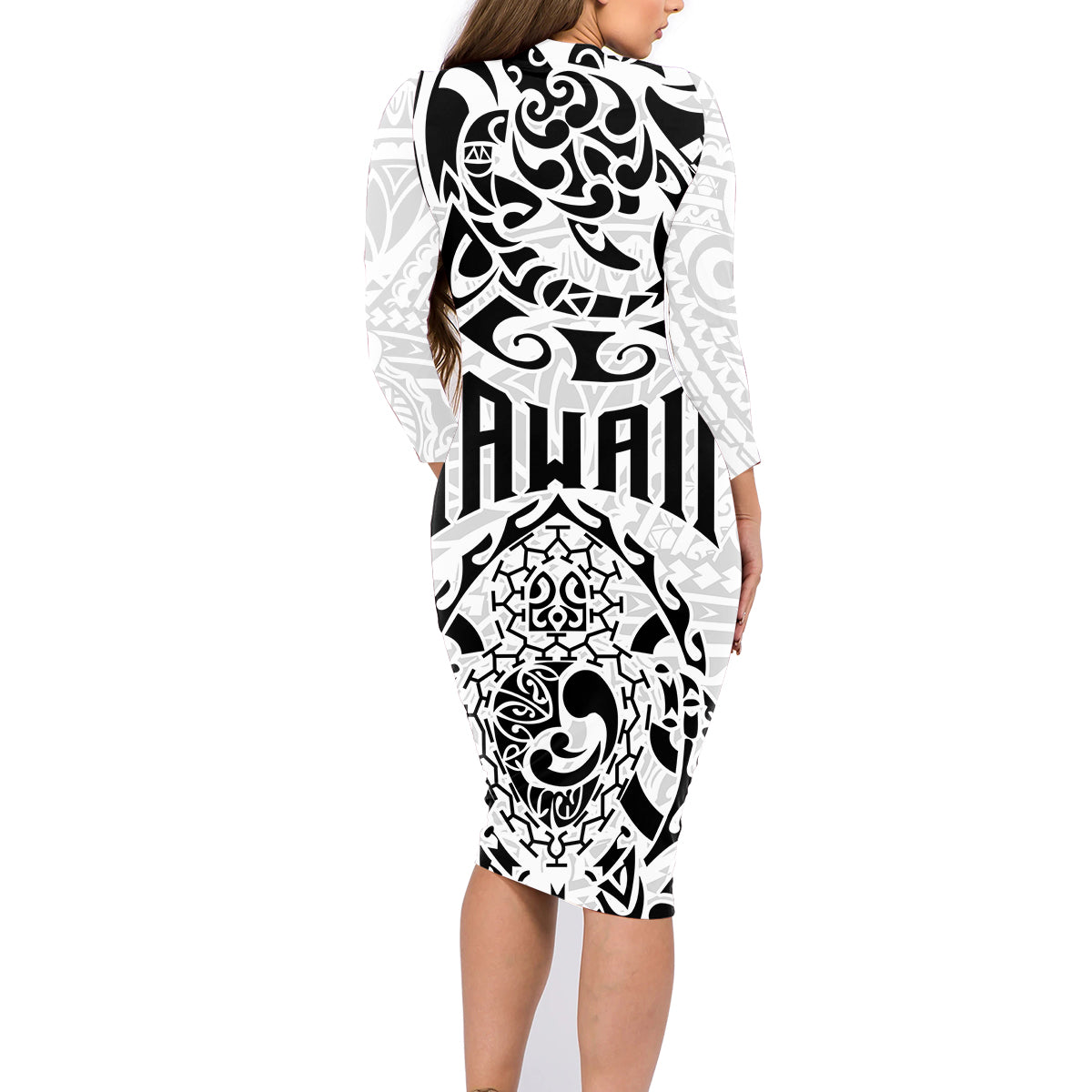 Hawaii Family Matching Long Sleeve Bodycon Dress and Hawaiian Shirt with Polynesian Turtle - Wonder Print Shop