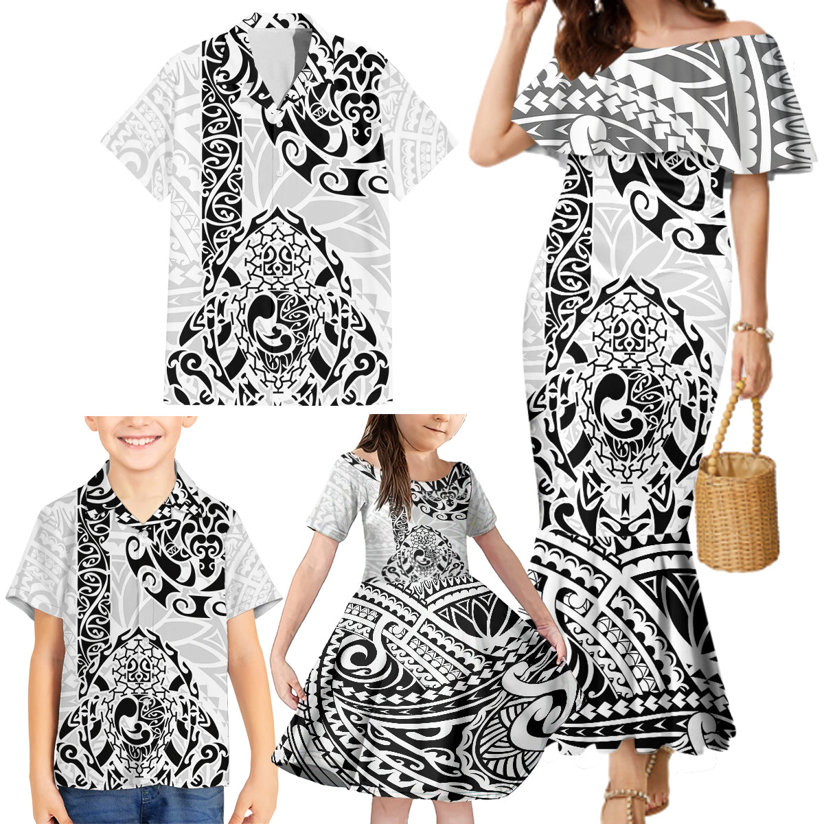 Hawaii Family Matching Mermaid Dress and Hawaiian Shirt with Polynesian Turtle - Wonder Print Shop