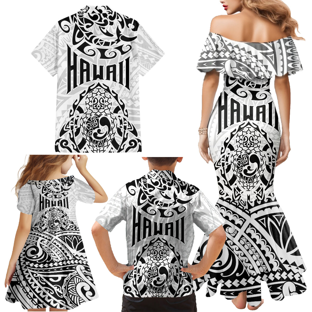 Hawaii Family Matching Mermaid Dress and Hawaiian Shirt with Polynesian Turtle - Wonder Print Shop