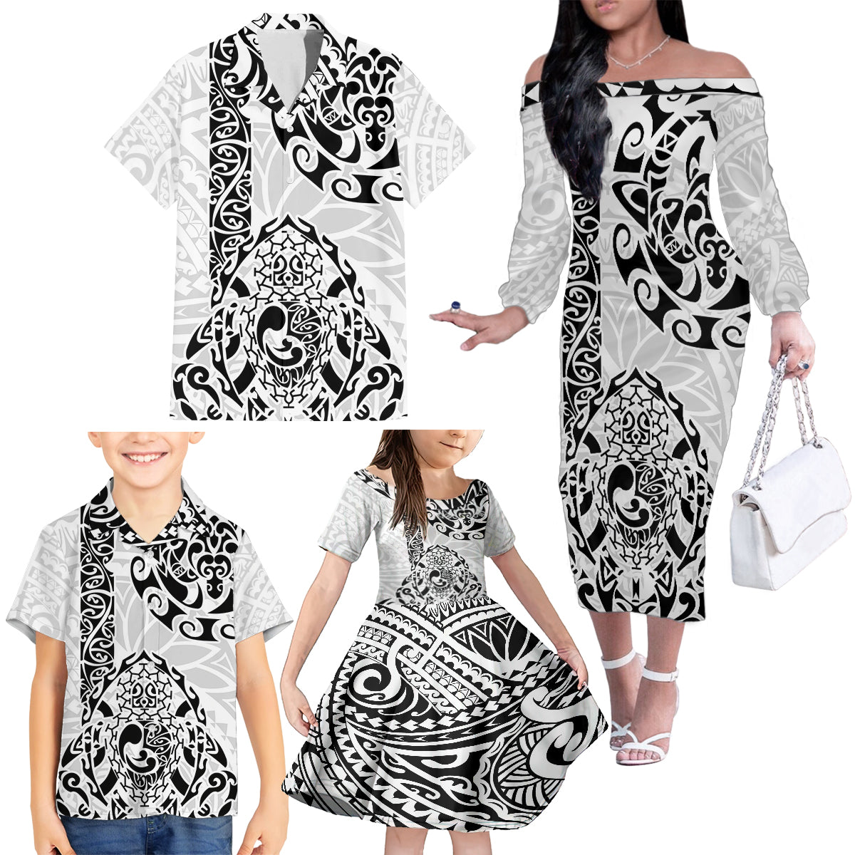 Hawaii Family Matching Off Shoulder Long Sleeve Dress and Hawaiian Shirt with Polynesian Turtle - Wonder Print Shop