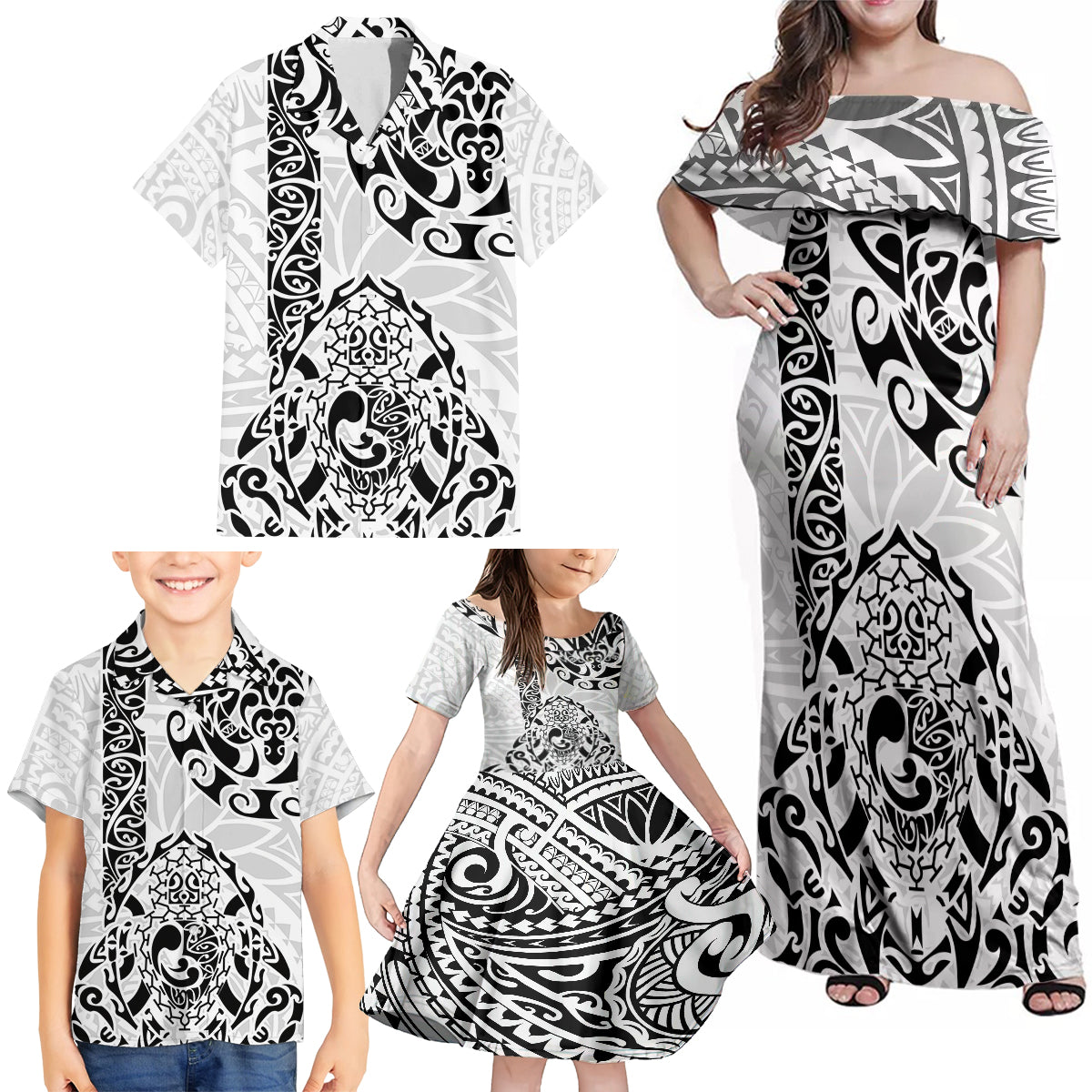 Hawaii Family Matching Off Shoulder Maxi Dress and Hawaiian Shirt with Polynesian Turtle - Wonder Print Shop