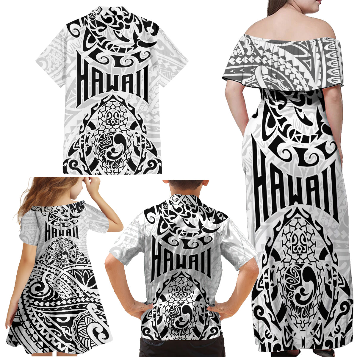 Hawaii Family Matching Off Shoulder Maxi Dress and Hawaiian Shirt with Polynesian Turtle - Wonder Print Shop