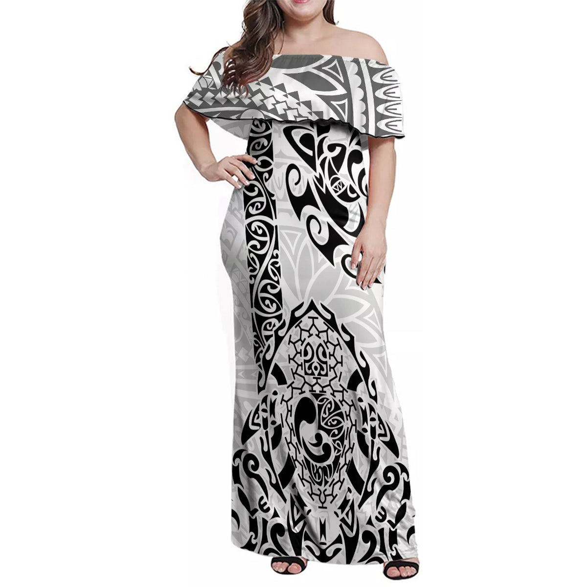 Hawaii Family Matching Off Shoulder Maxi Dress and Hawaiian Shirt with Polynesian Turtle - Wonder Print Shop