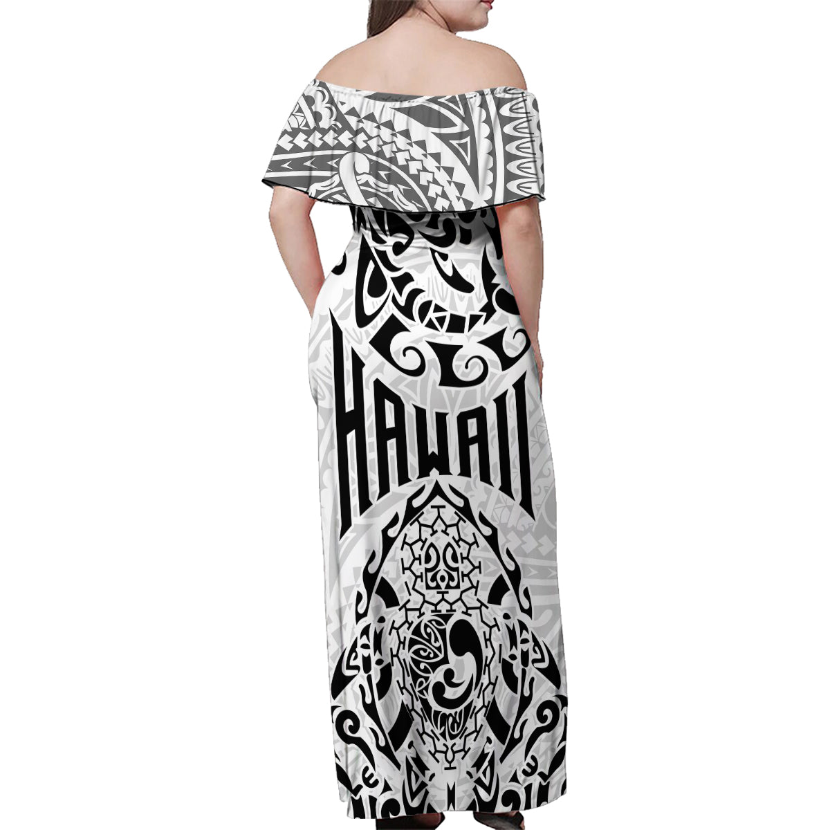 Hawaii Family Matching Off Shoulder Maxi Dress and Hawaiian Shirt with Polynesian Turtle - Wonder Print Shop