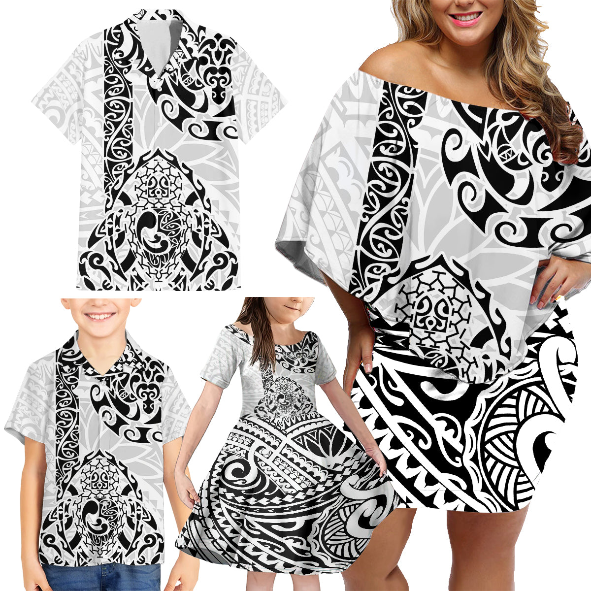 Hawaii Family Matching Off Shoulder Short Dress and Hawaiian Shirt with Polynesian Turtle - Wonder Print Shop