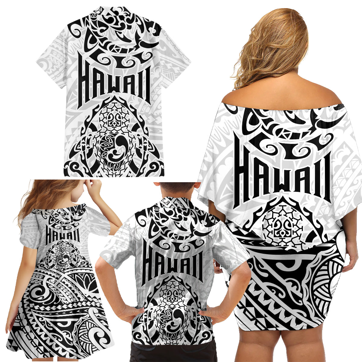Hawaii Family Matching Off Shoulder Short Dress and Hawaiian Shirt with Polynesian Turtle - Wonder Print Shop