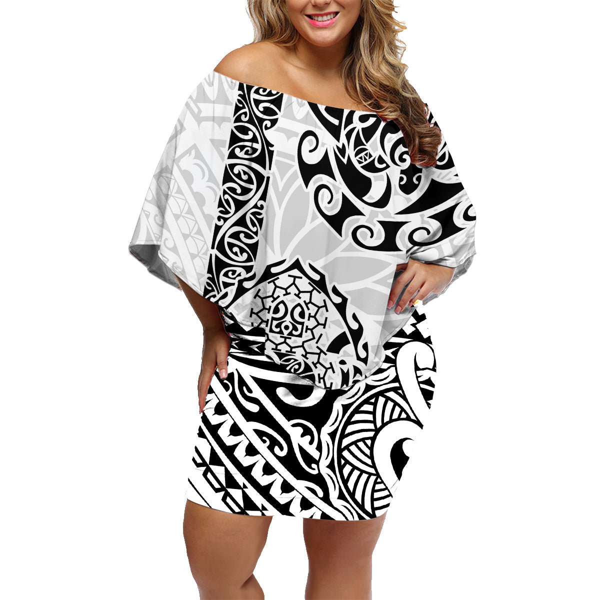 Hawaii Family Matching Off Shoulder Short Dress and Hawaiian Shirt with Polynesian Turtle - Wonder Print Shop