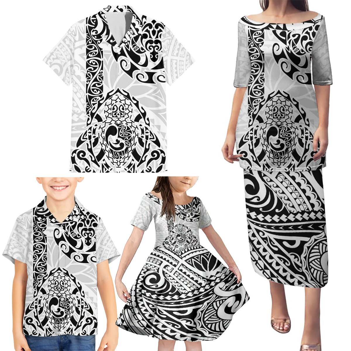 Hawaii Family Matching Puletasi Dress and Hawaiian Shirt with Polynesian Turtle - Wonder Print Shop