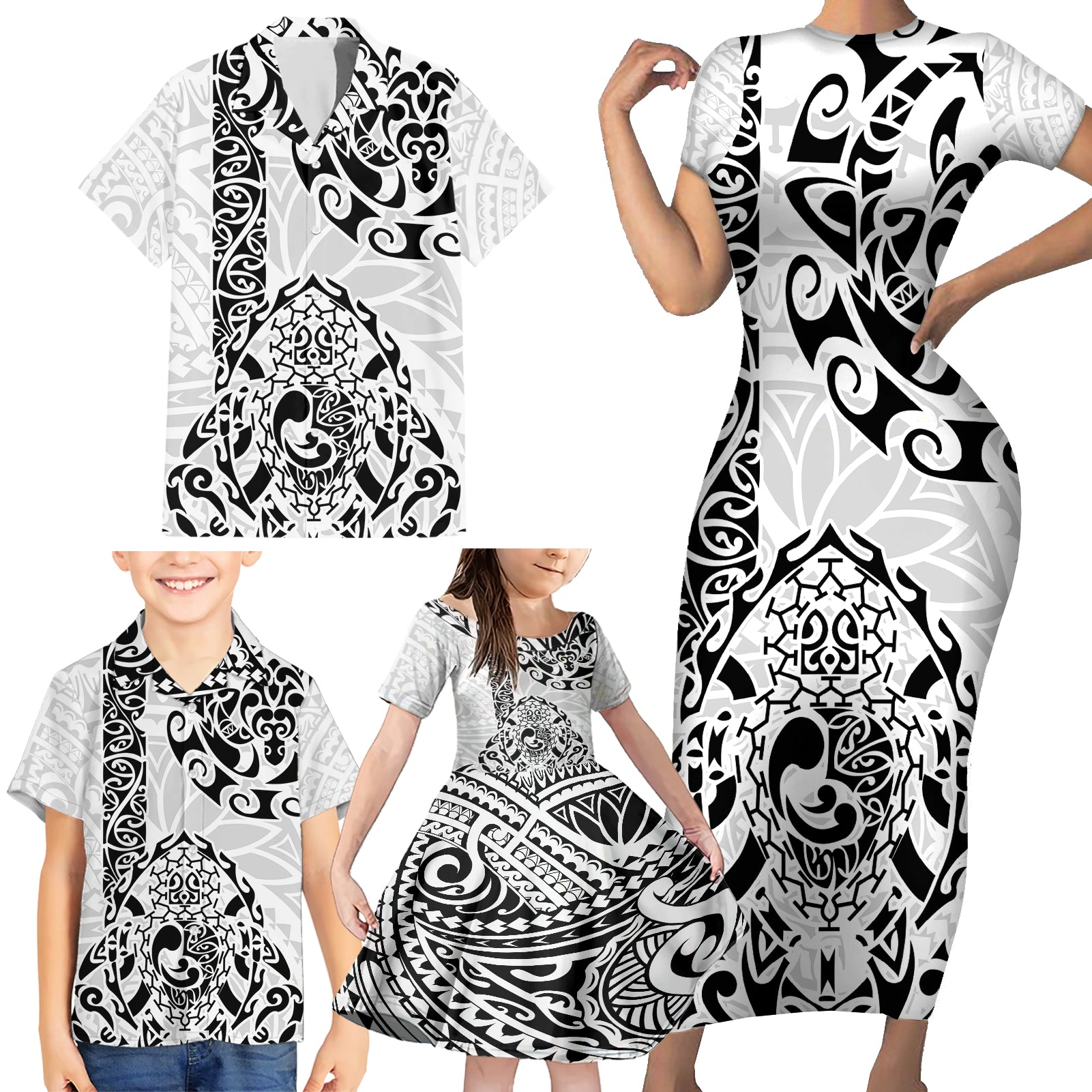 Hawaii Family Matching Short Sleeve Bodycon Dress and Hawaiian Shirt with Polynesian Turtle - Wonder Print Shop