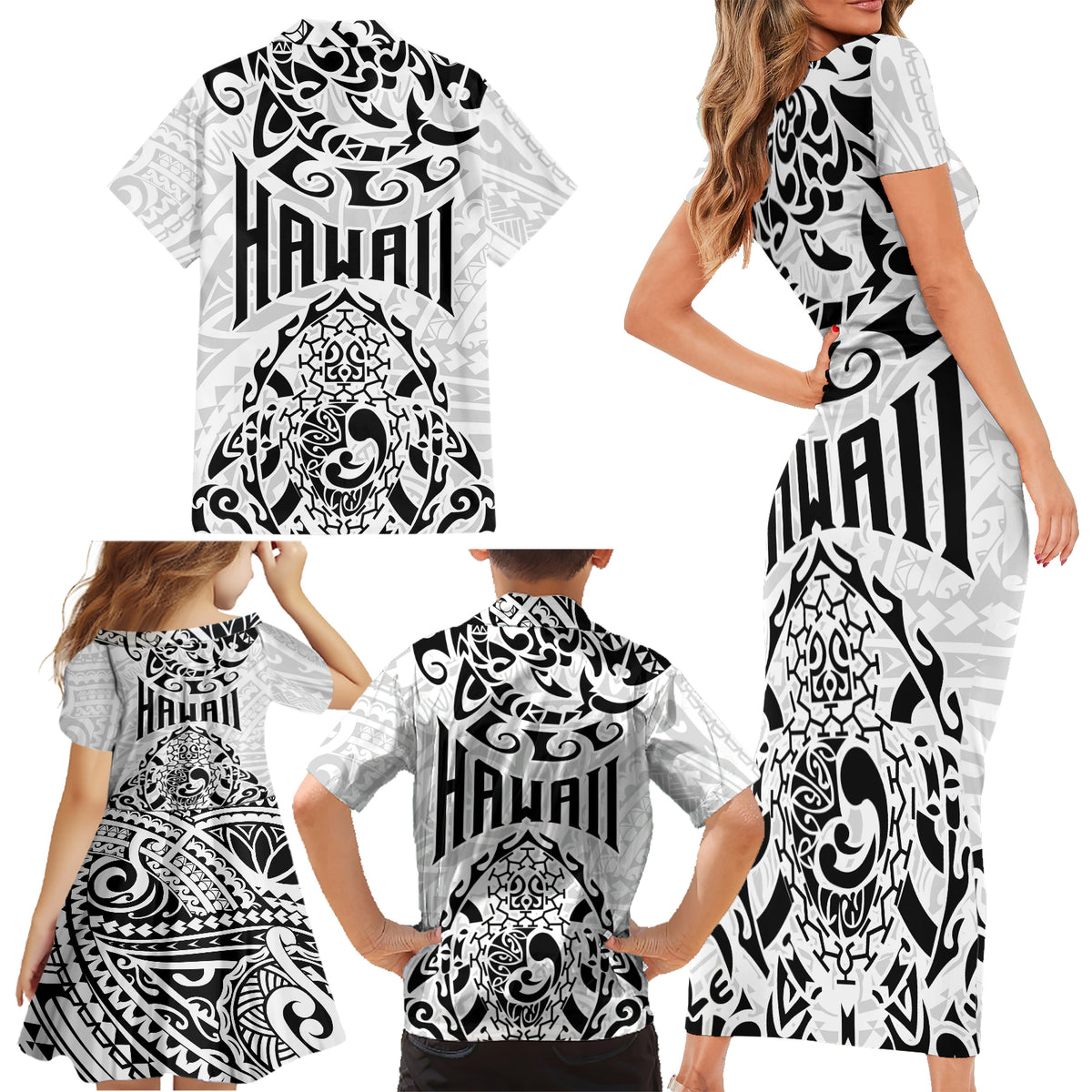 Hawaii Family Matching Short Sleeve Bodycon Dress and Hawaiian Shirt with Polynesian Turtle - Wonder Print Shop