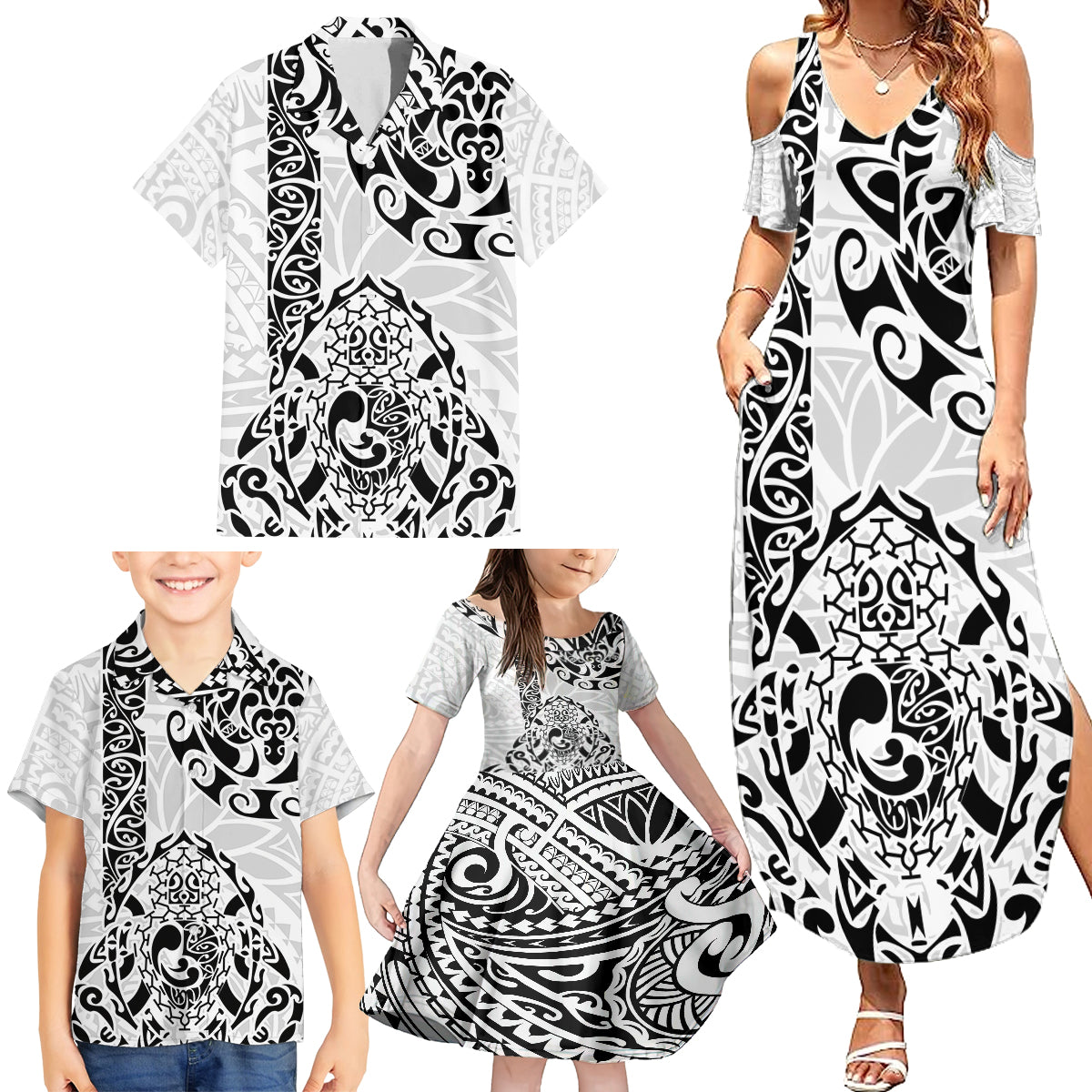 Hawaii Family Matching Summer Maxi Dress and Hawaiian Shirt with Polynesian Turtle - Wonder Print Shop