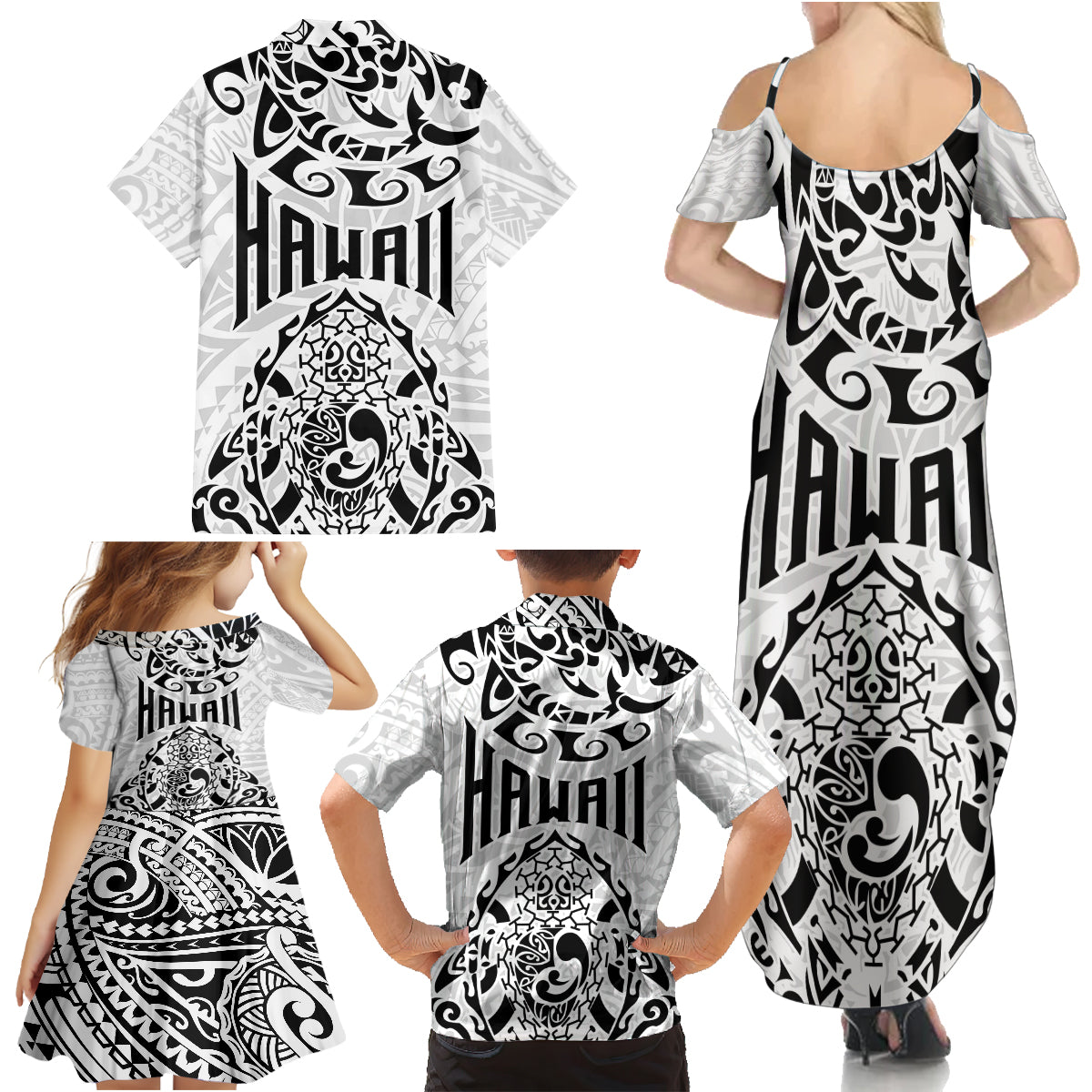 Hawaii Family Matching Summer Maxi Dress and Hawaiian Shirt with Polynesian Turtle - Wonder Print Shop