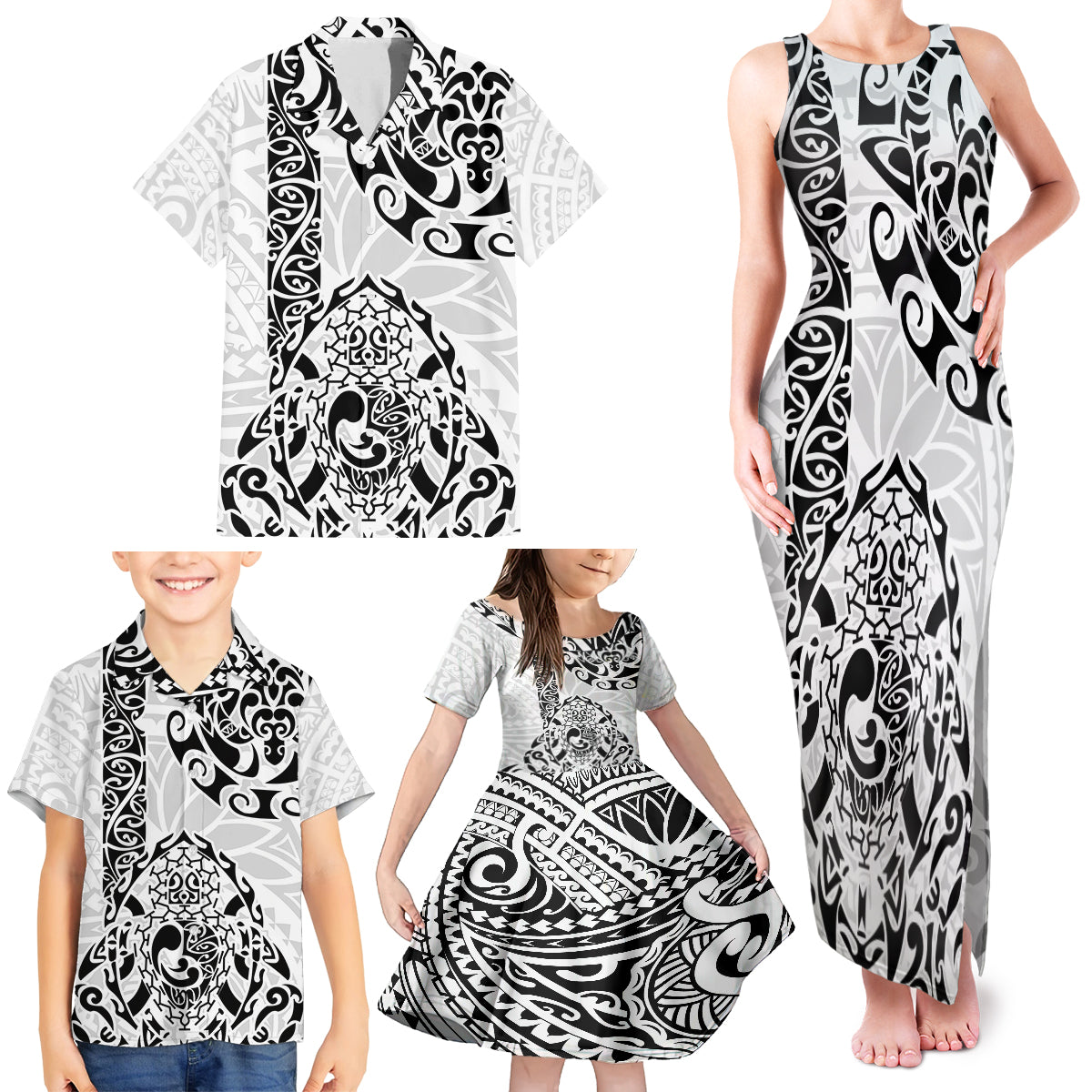 Hawaii Family Matching Tank Maxi Dress and Hawaiian Shirt with Polynesian Turtle - Wonder Print Shop