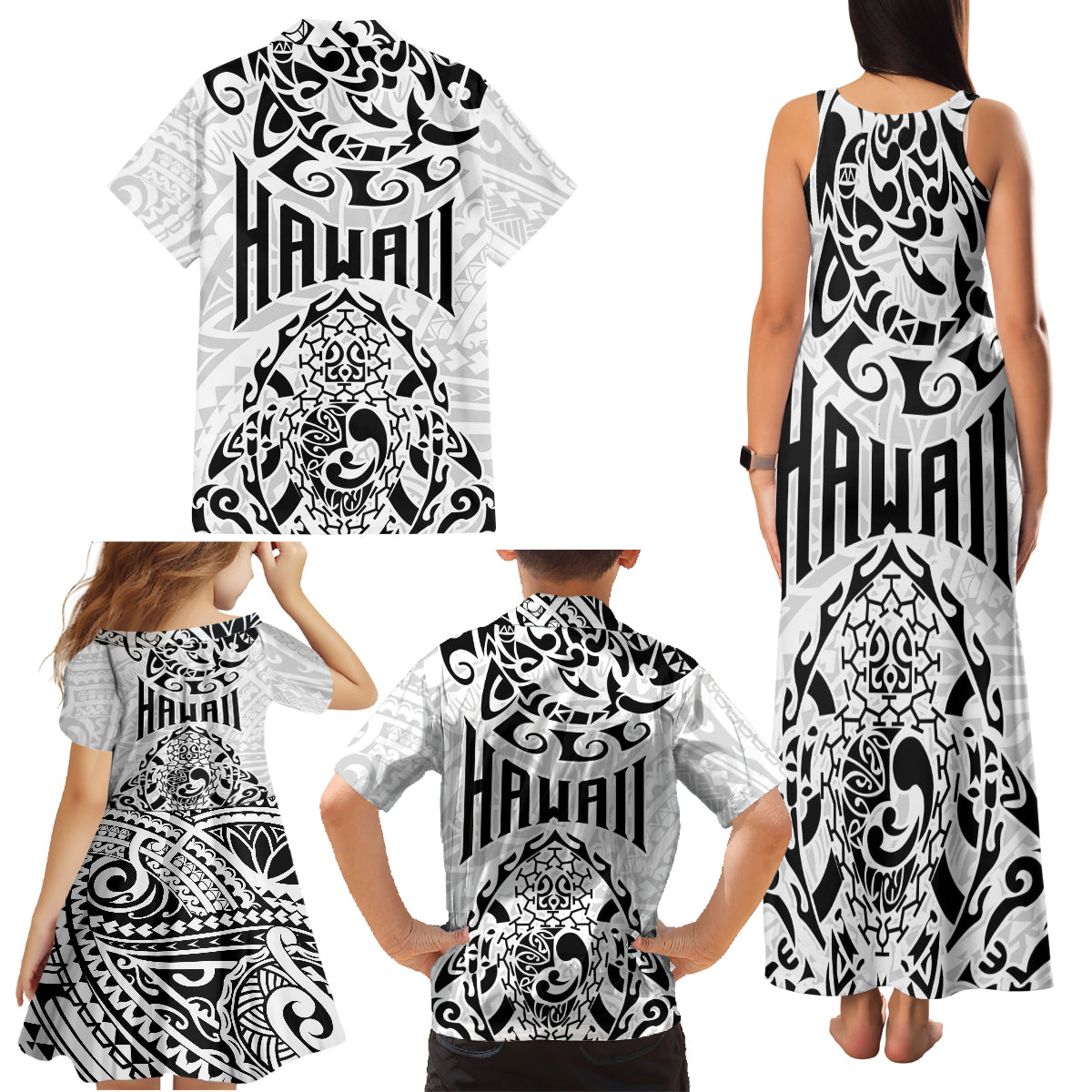 Hawaii Family Matching Tank Maxi Dress and Hawaiian Shirt with Polynesian Turtle - Wonder Print Shop