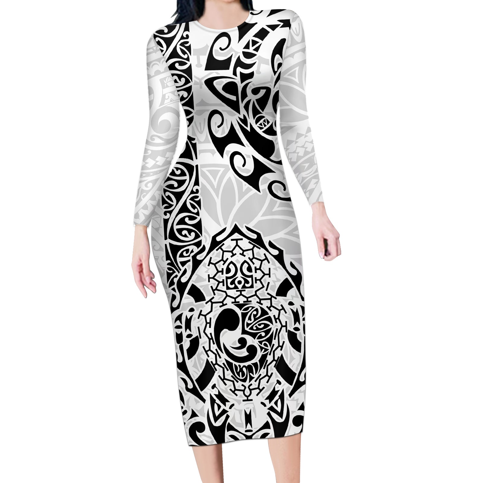 Hawaii Long Sleeve Bodycon Dress with Polynesian Turtle - Wonder Print Shop