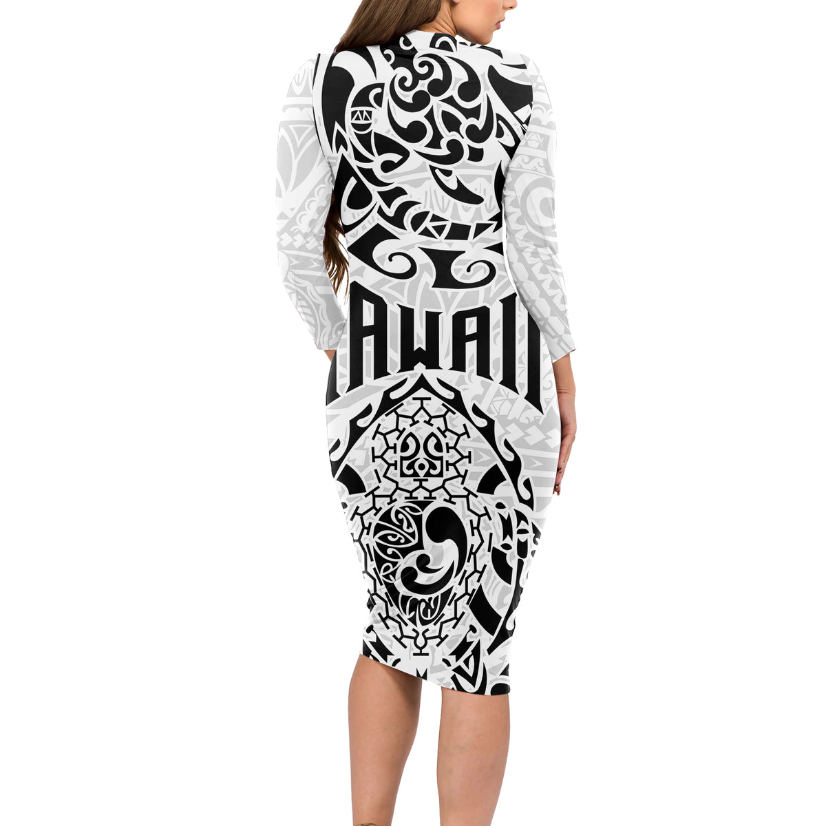 Hawaii Long Sleeve Bodycon Dress with Polynesian Turtle - Wonder Print Shop