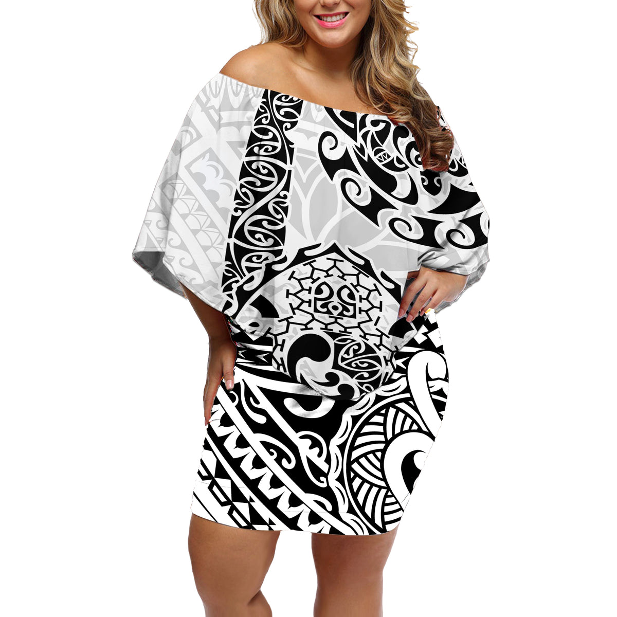 Hawaii Off Shoulder Short Dress with Polynesian Turtle - Wonder Print Shop