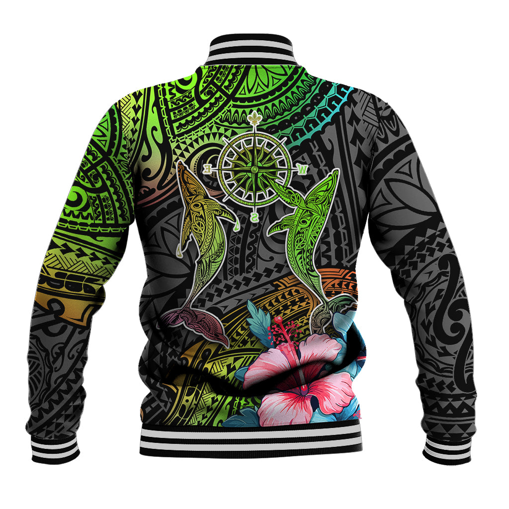 Polynesian Baseball Jacket Whales and Compass Gradient Pattern - Wonder Print Shop
